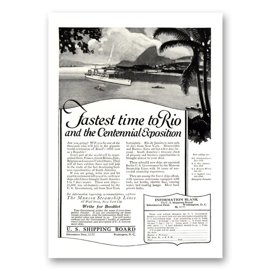 1922 Munson Steamship Lines Fastest Time to Rio Centennial Exposition Vintage Magazine Print Ad