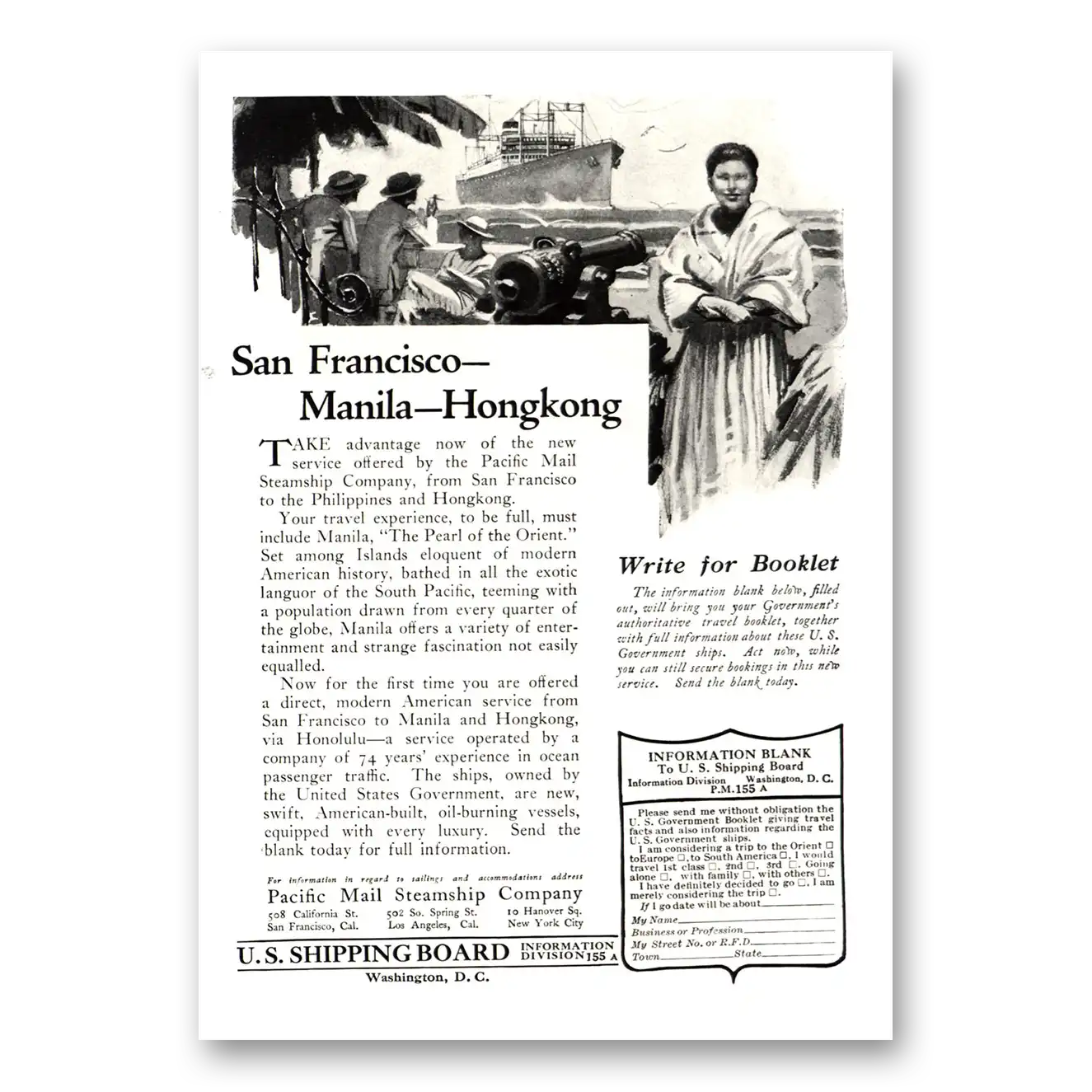 1922 Pacific Mail Steamship San Francisco Manila Hongkong Vintage Magazine Print Ad