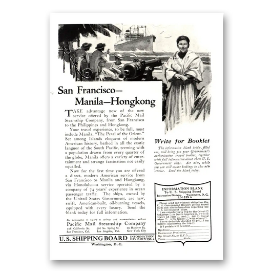 1922 Pacific Mail Steamship San Francisco Manila Hongkong Vintage Magazine Print Ad