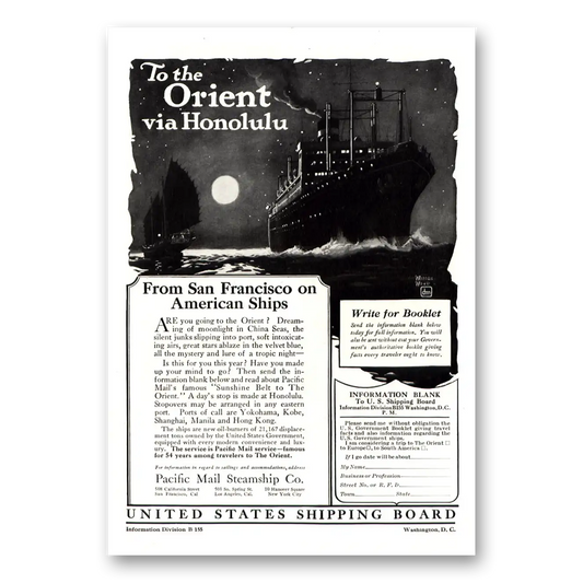 1922 Pacific Mail Steamship To the Orient Via Honolulu Vintage Magazine Print Ad