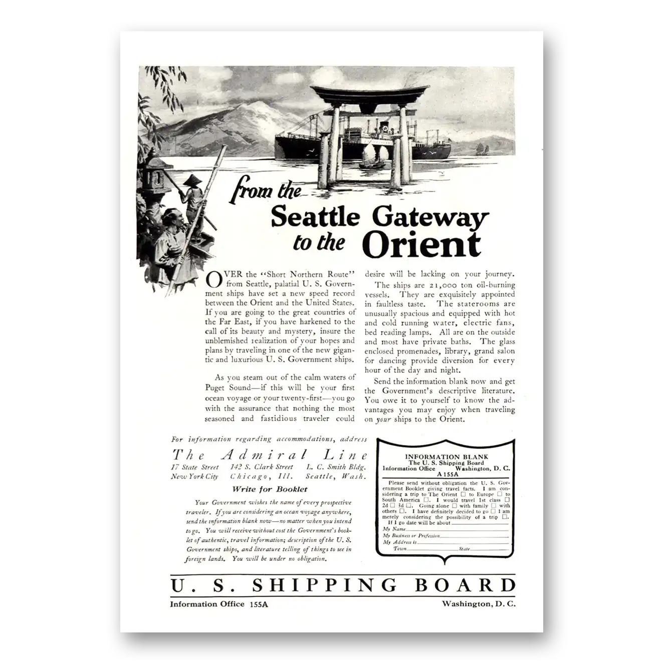 1922 Admiral Line Seattle Gateway to Orient Vintage Magazine Print Ad