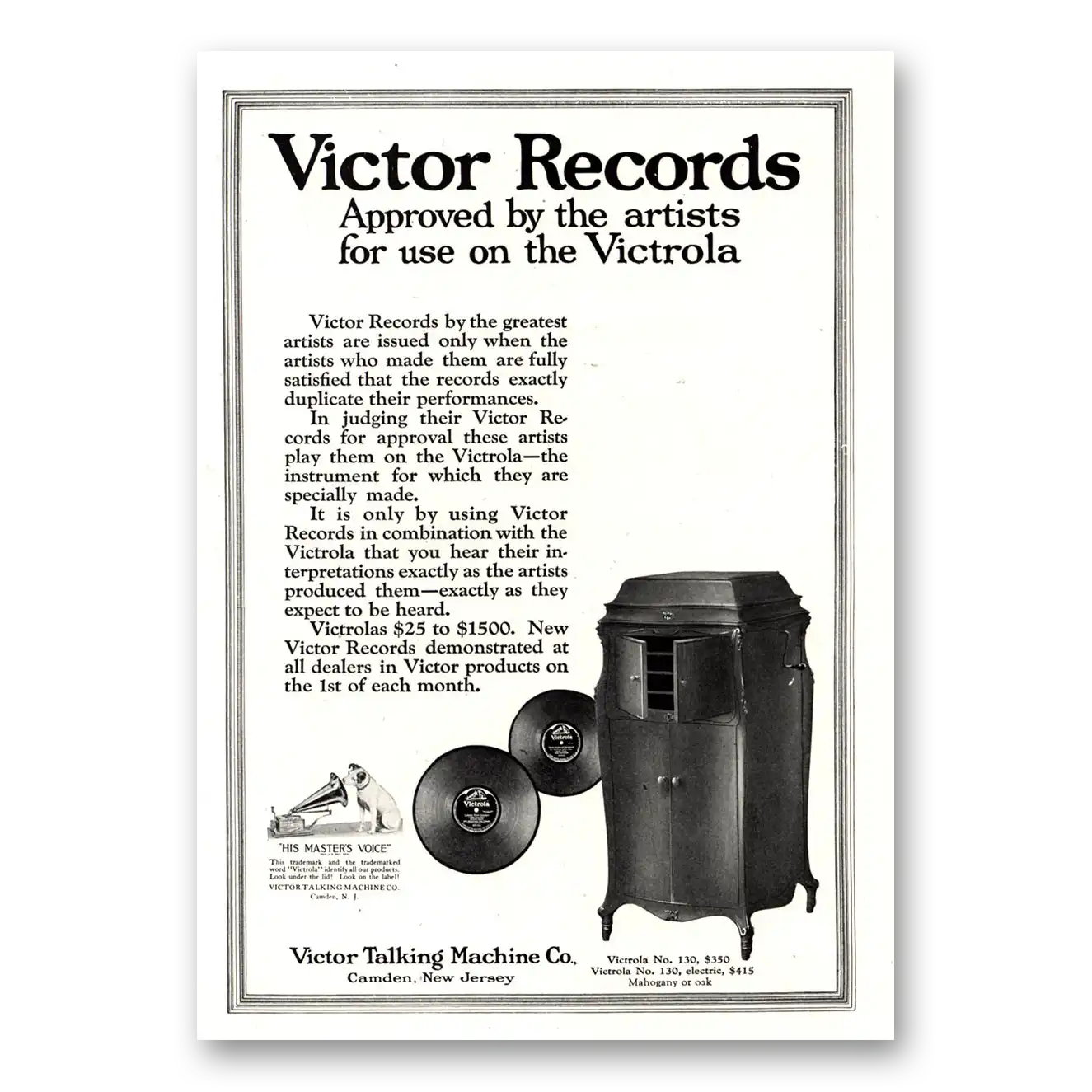 1922 Victor Records Approved By the Artists Vintage Magazine Print Ad