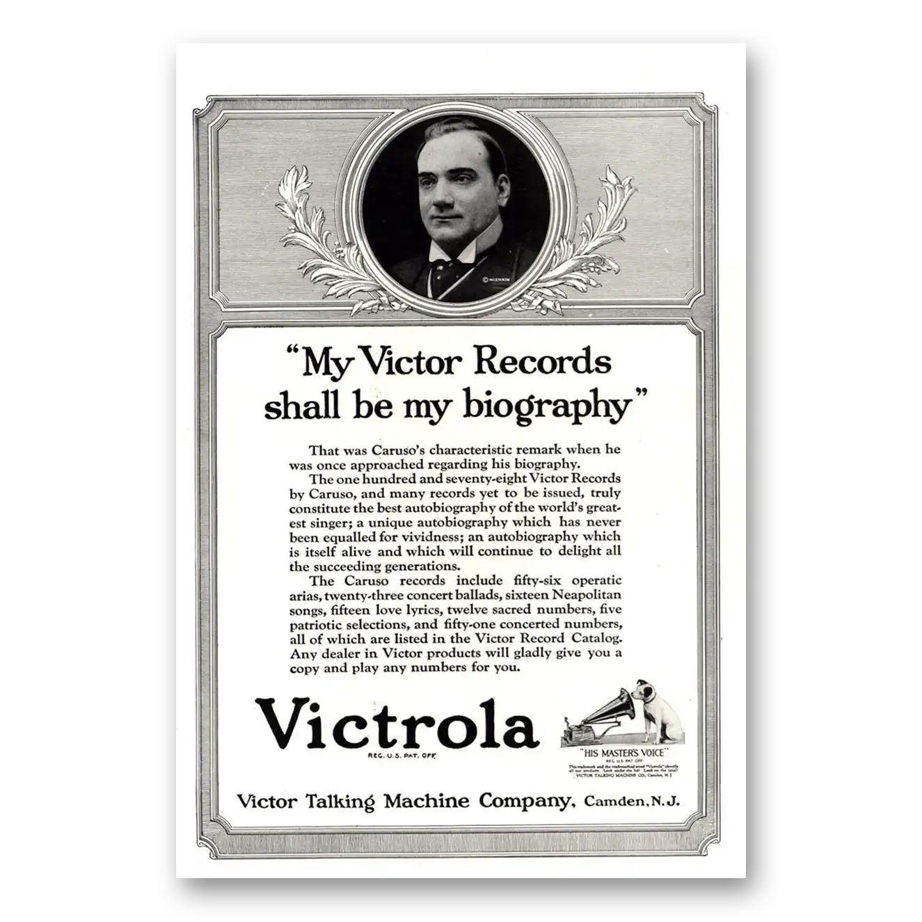 1922 Victrola Caruso Victor Records My Biography Vintage Magazine Print Ad