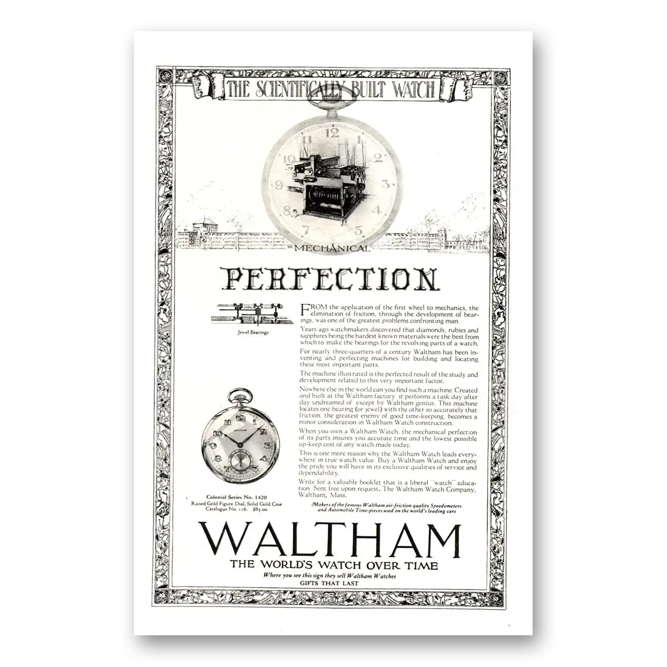 1922 Waltham Watch Mechanical Perfection Vintage Magazine Print Ad