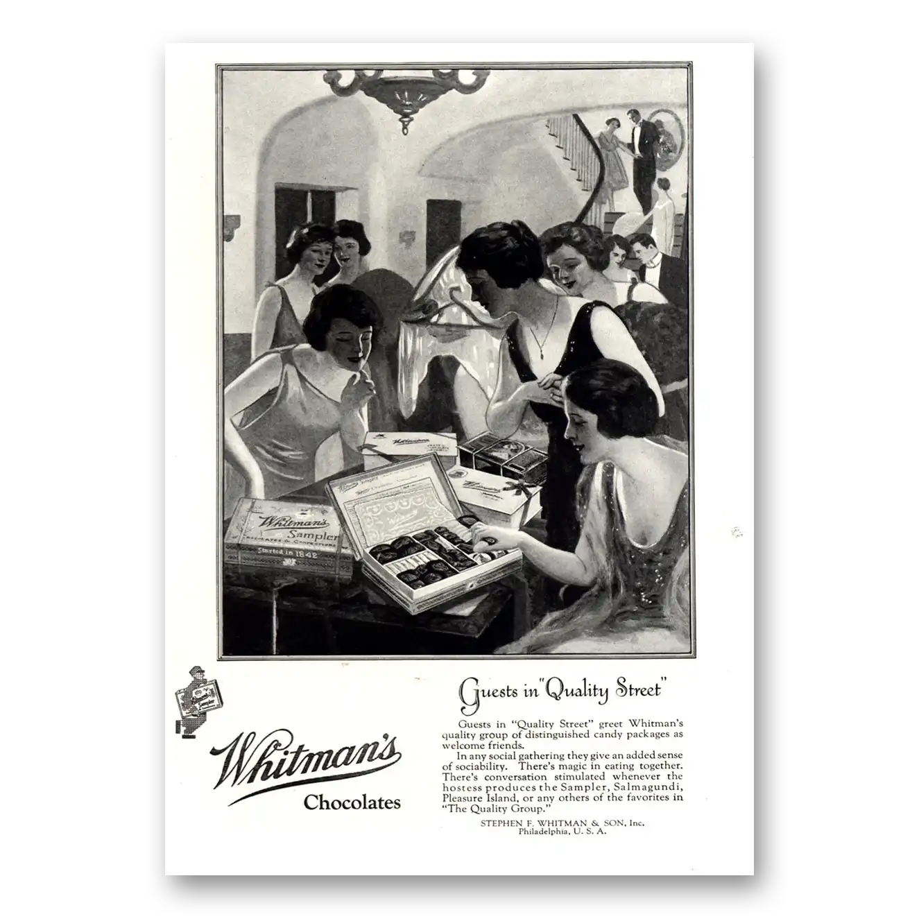 1922 Whitmans Chocolates Guests In Quality Street Vintage Magazine Print Ad