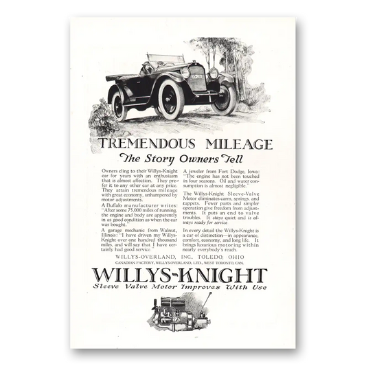 1922 Willys Knight Tremendous Mileage Vintage Magazine Print Ad