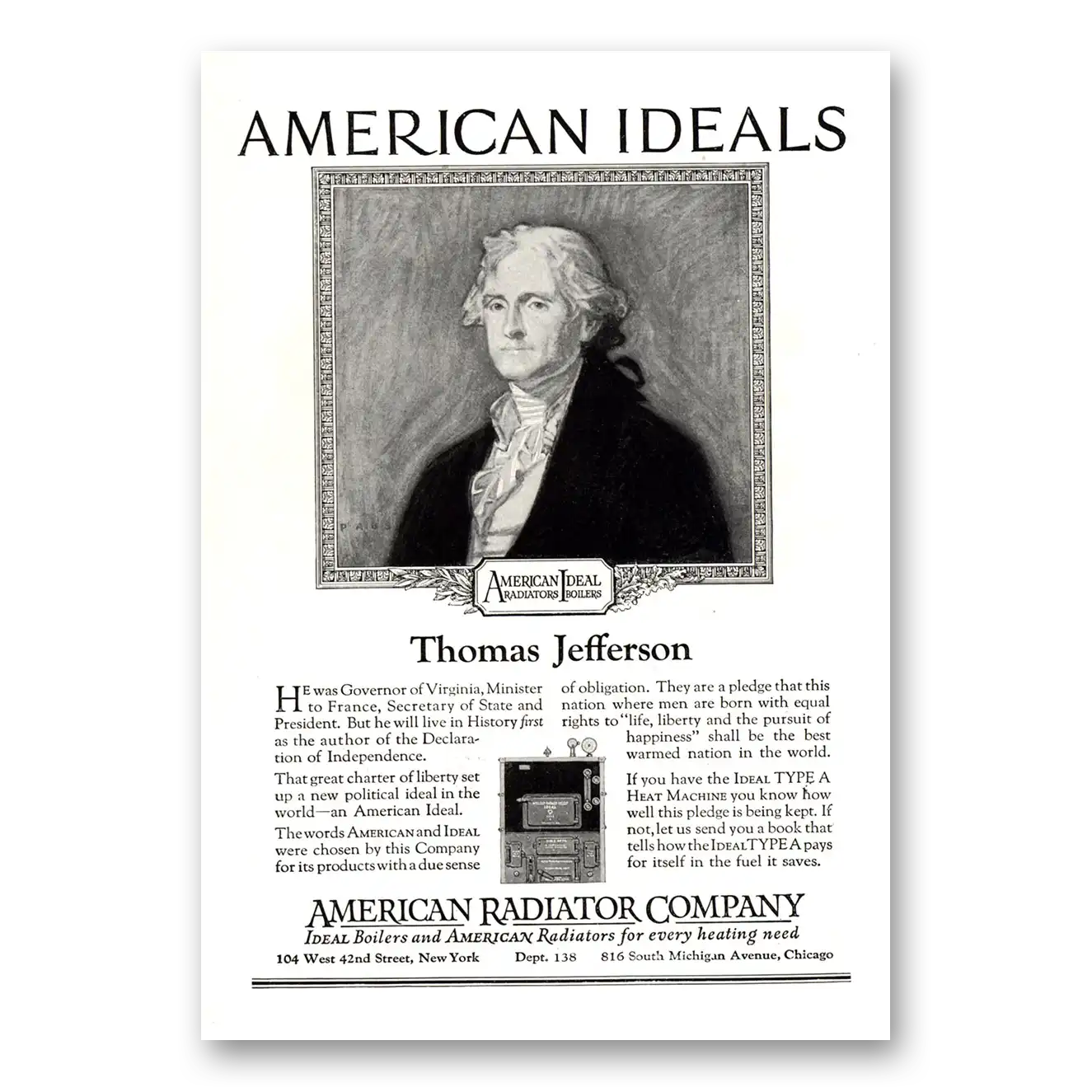 1923 American Radiator Thomas Jefferson Vintage Magazine Print Ad