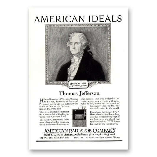 1923 American Radiator Thomas Jefferson Vintage Magazine Print Ad