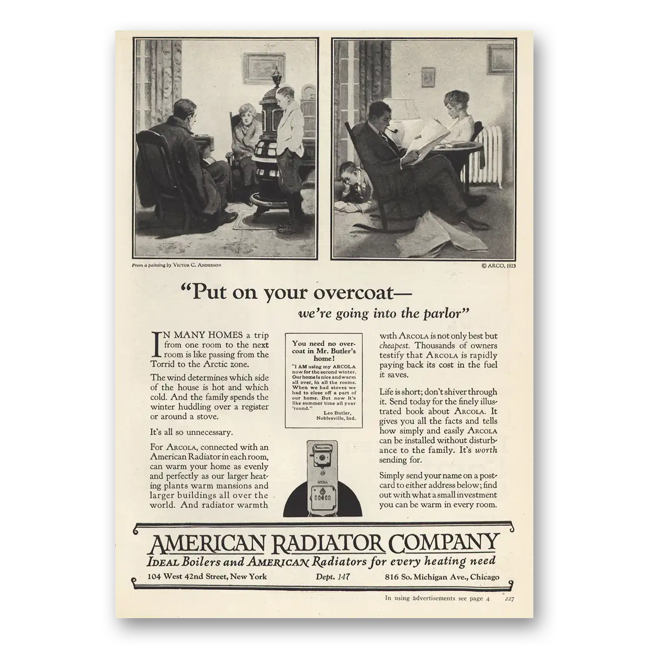 1923 American Radiator Put On Your Overcoat Parlor Vintage Magazine Print Ad