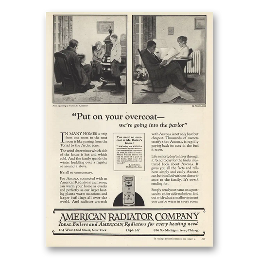 1923 American Radiator Put On Your Overcoat Parlor Vintage Magazine Print Ad