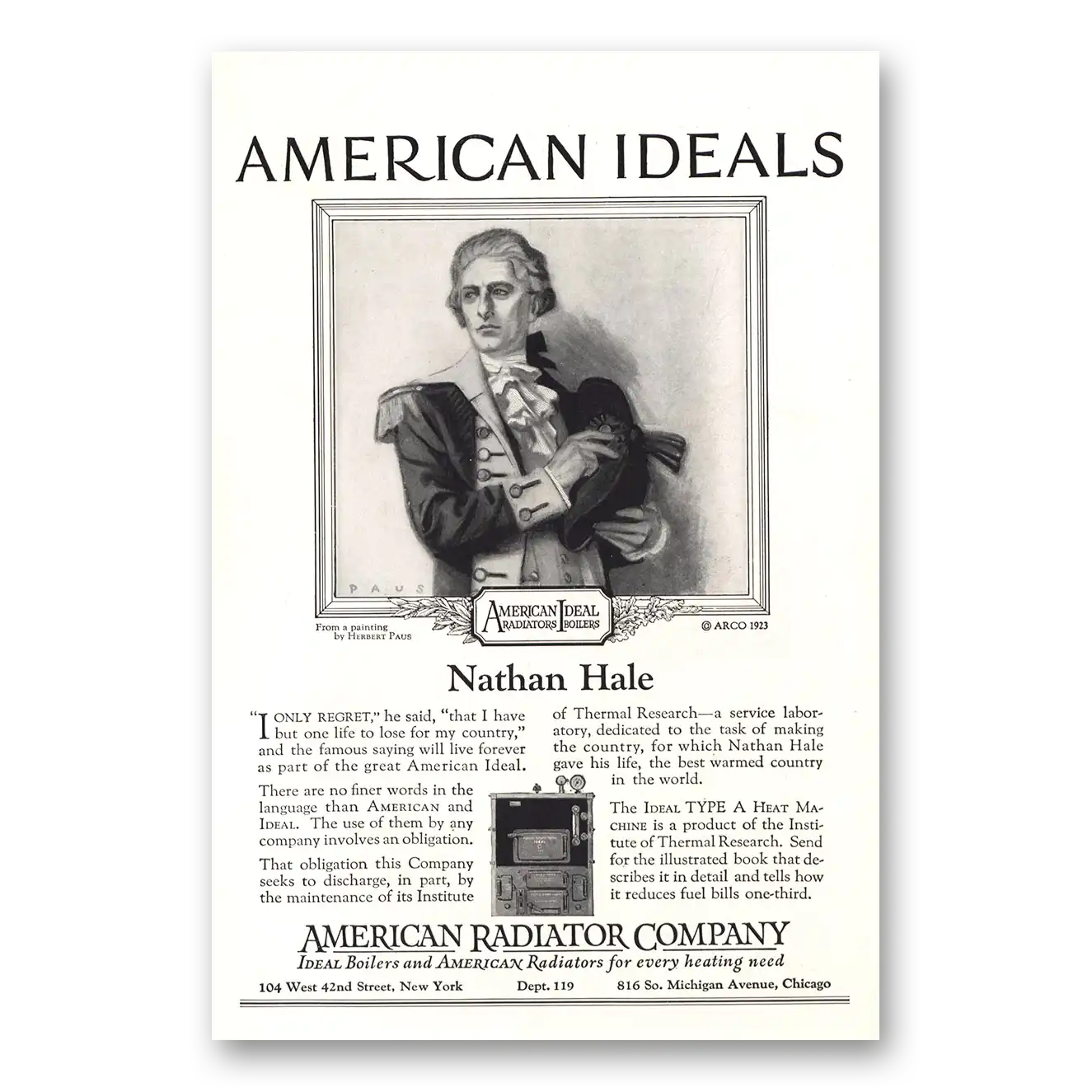 1923 American Radiator Nathan Hale Vintage Magazine Print Ad