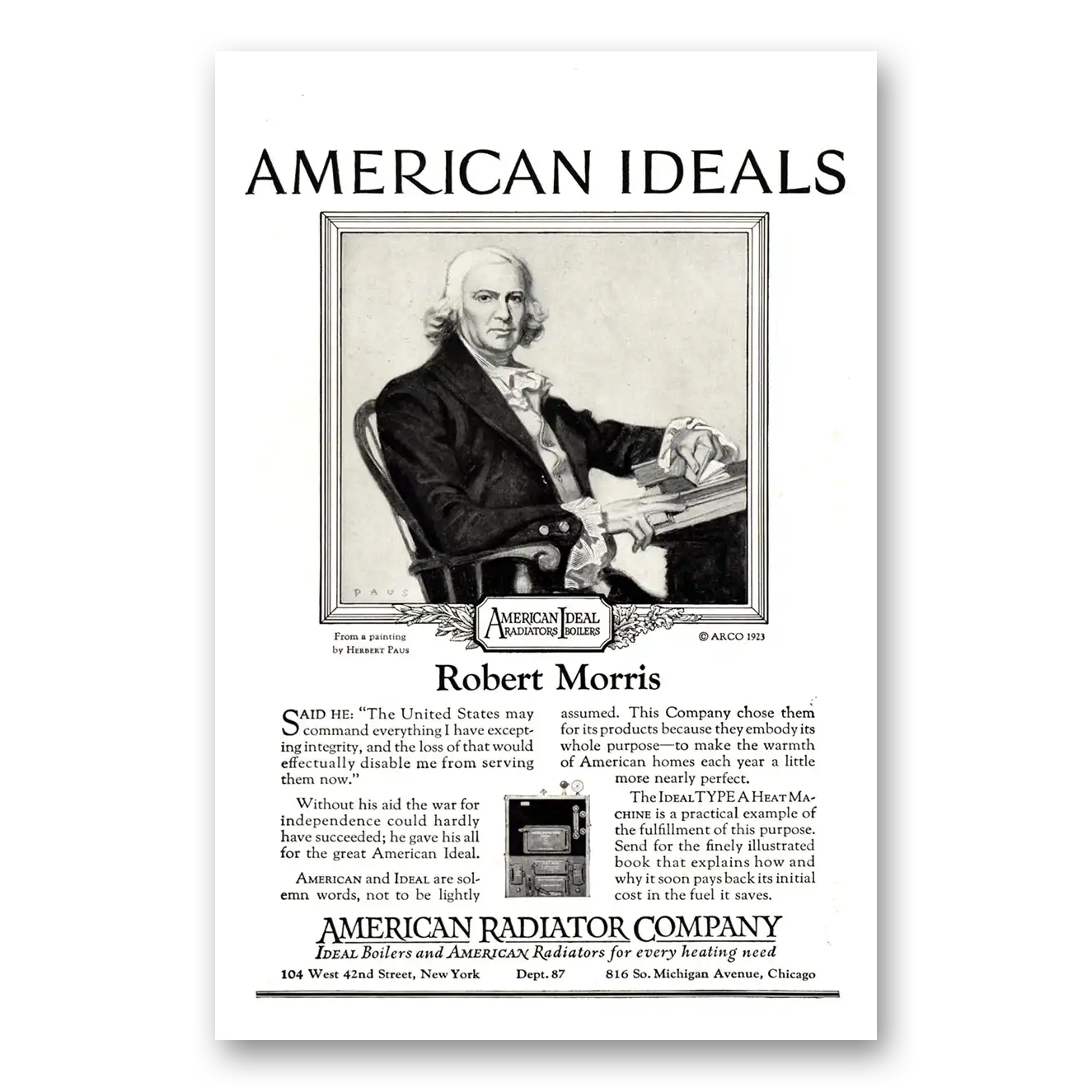 1923 American Radiator American Ideals Robert Morris Vintage Magazine Print Ad