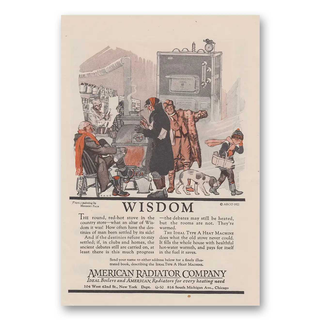 1923 American Radiator Wisdom Round Red Hot Stove Vintage Magazine Print Ad