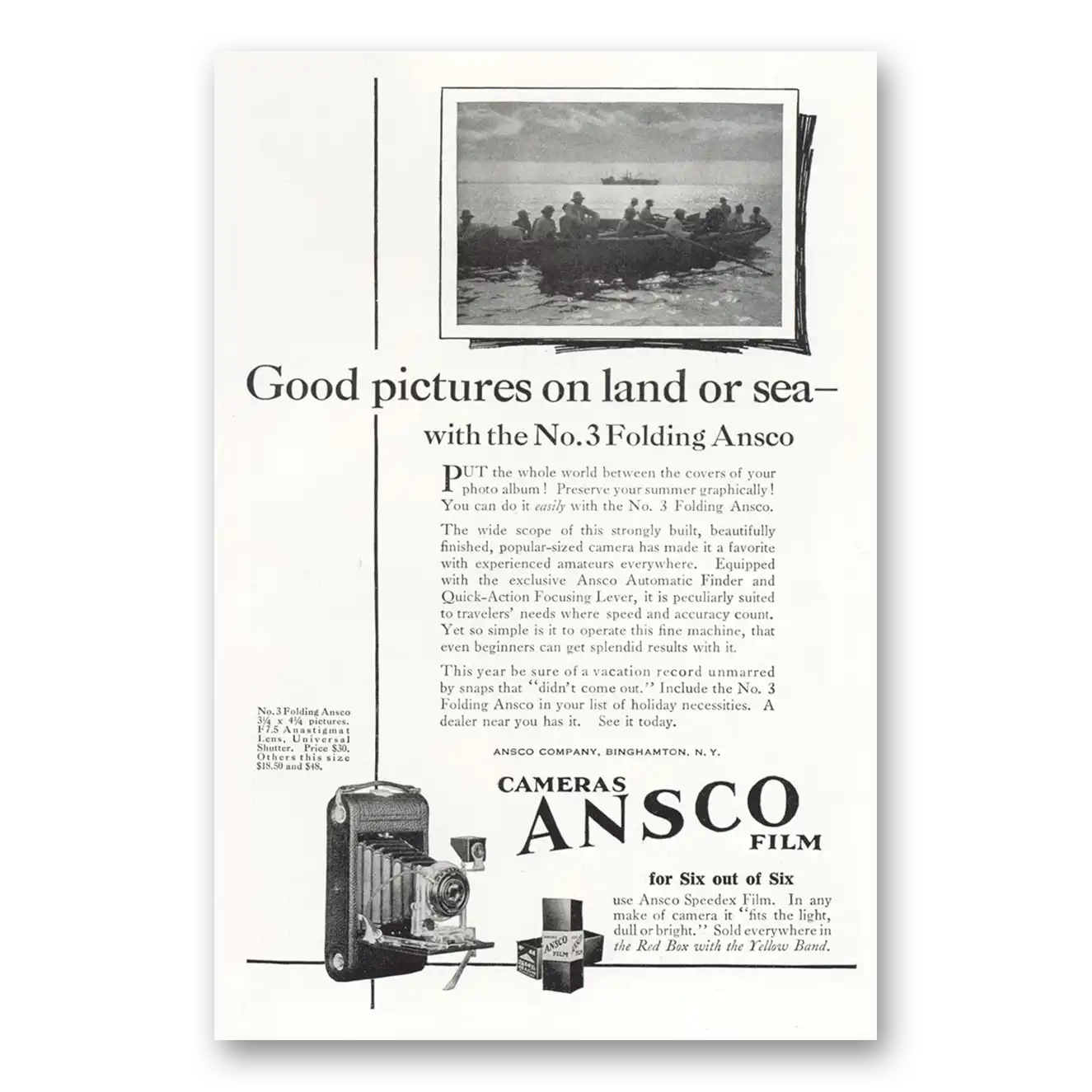 1923 Ansco No 3 Folding Camera Good Pictures On Land or Sea Vintage Magazine Print Ad