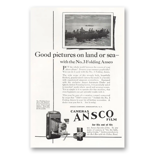 1923 Ansco No 3 Folding Camera Good Pictures On Land or Sea Vintage Magazine Print Ad