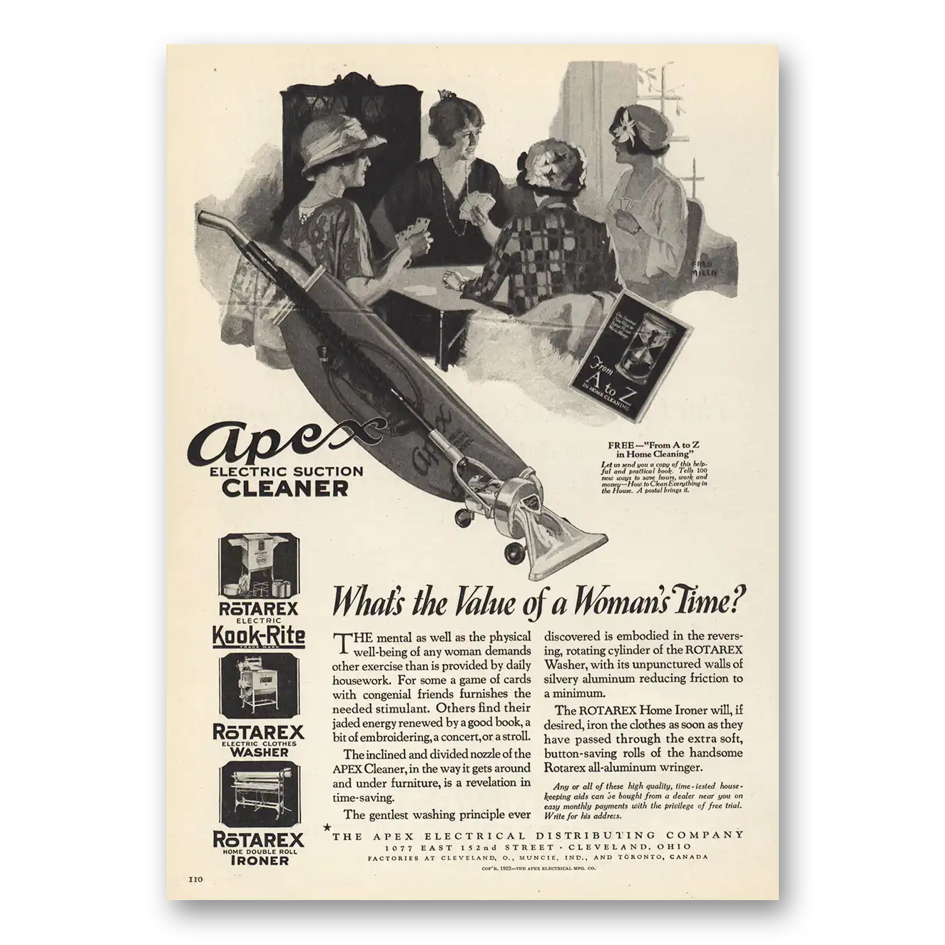 1923 Apex Electric Suction Cleaner Value of Womans Time Vintage Magazine Print Ad