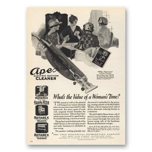 1923 Apex Electric Suction Cleaner Value of Womans Time Vintage Magazine Print Ad