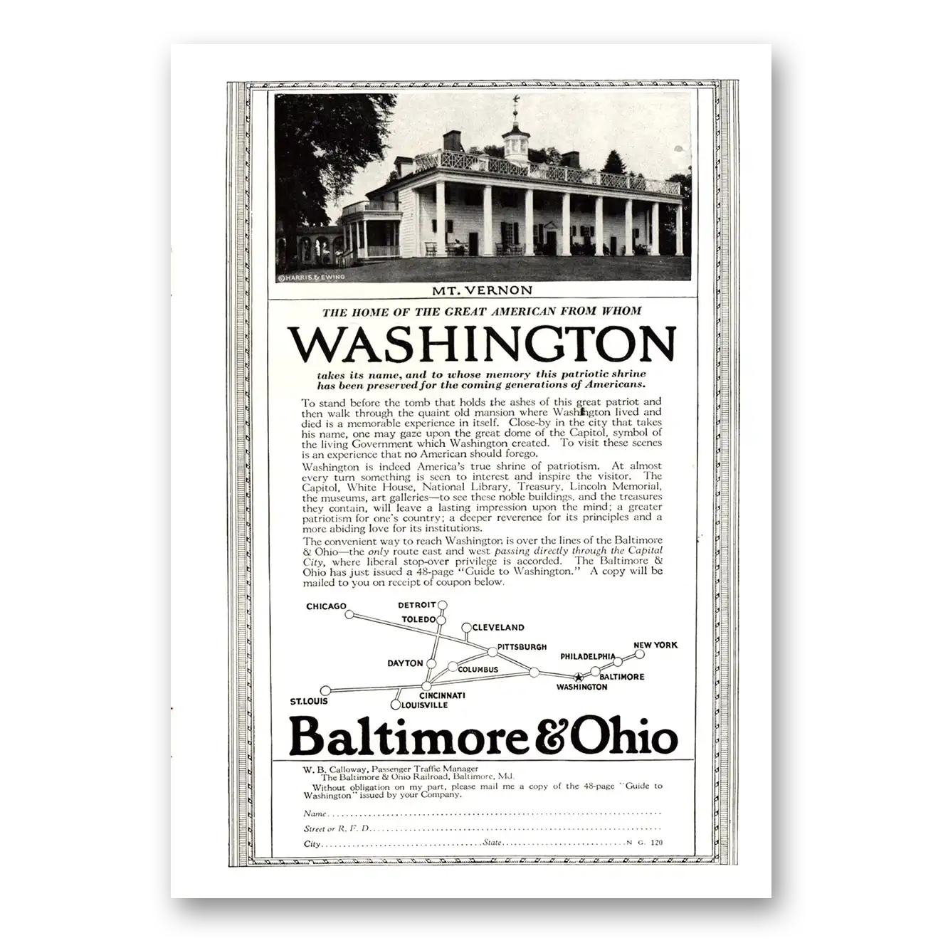 1923 Baltimore and Ohio Railroad Mt Vernon Vintage Magazine Print Ad