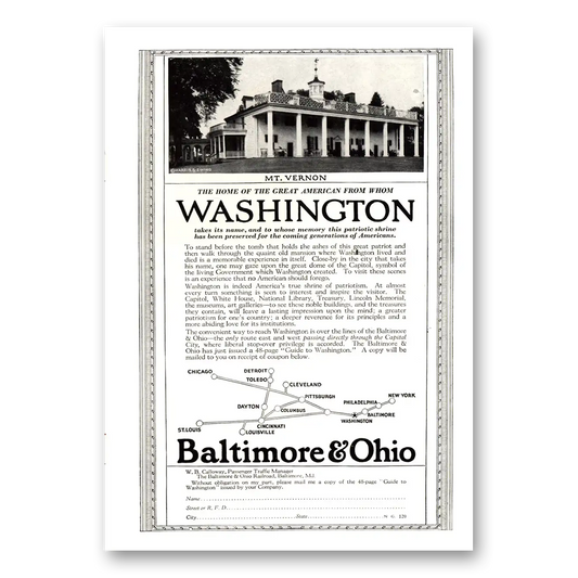 1923 Baltimore and Ohio Railroad Mt Vernon Vintage Magazine Print Ad