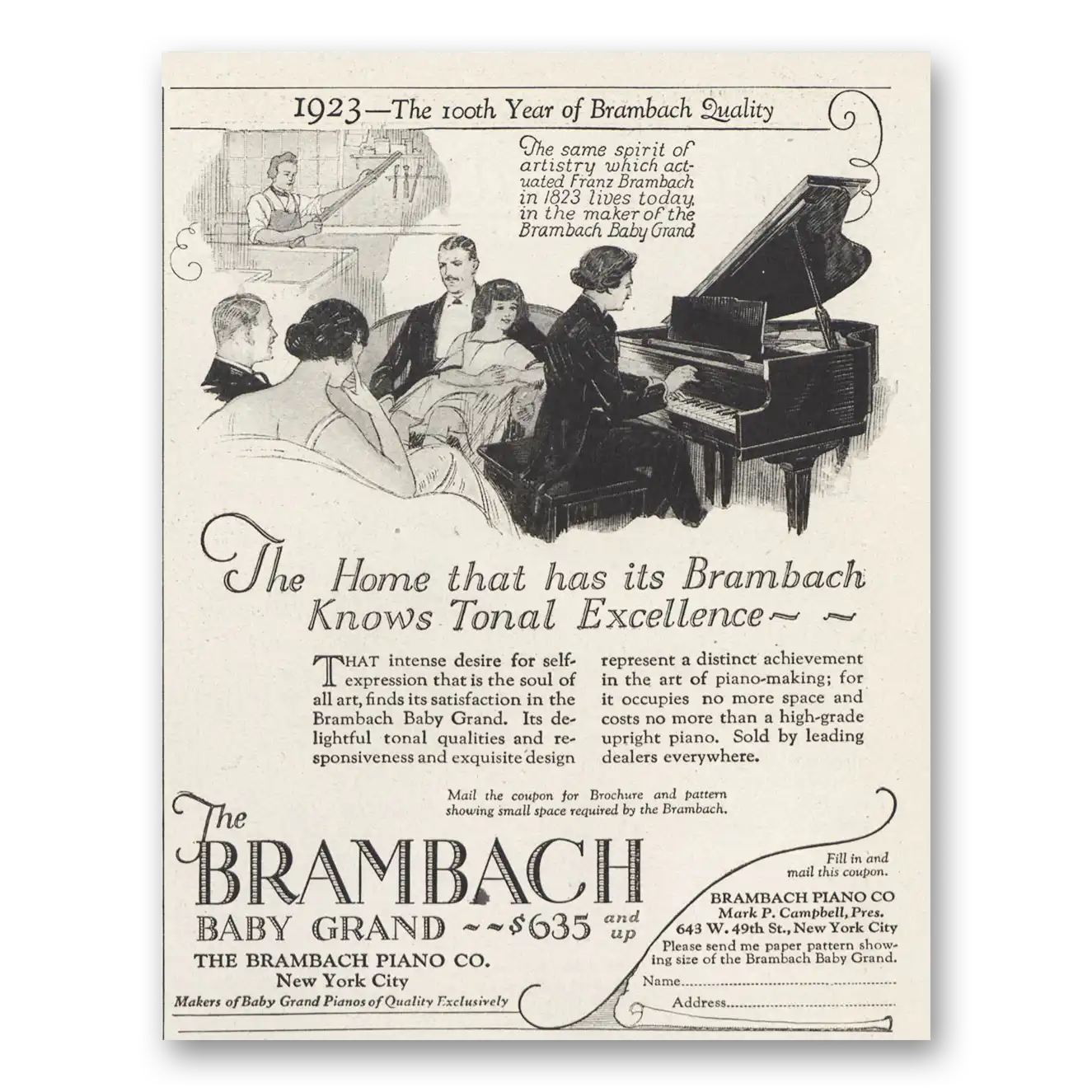 1923 Brambach Baby Grand Piano Knows Tonal Excellence Vintage Magazine Print Ad