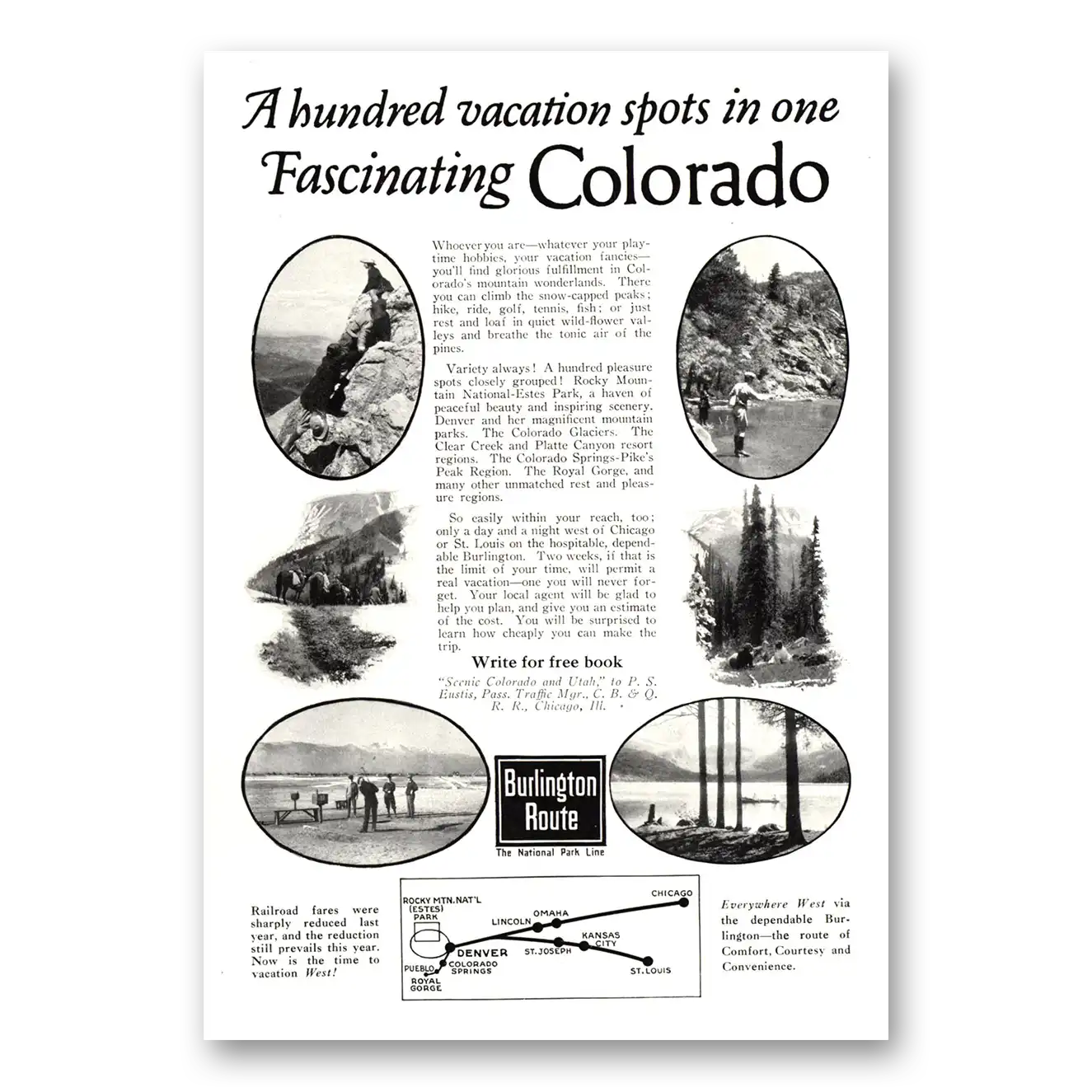 1923 Burlington Route Fascinating Colorado Vintage Magazine Print Ad