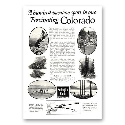 1923 Burlington Route Fascinating Colorado Vintage Magazine Print Ad