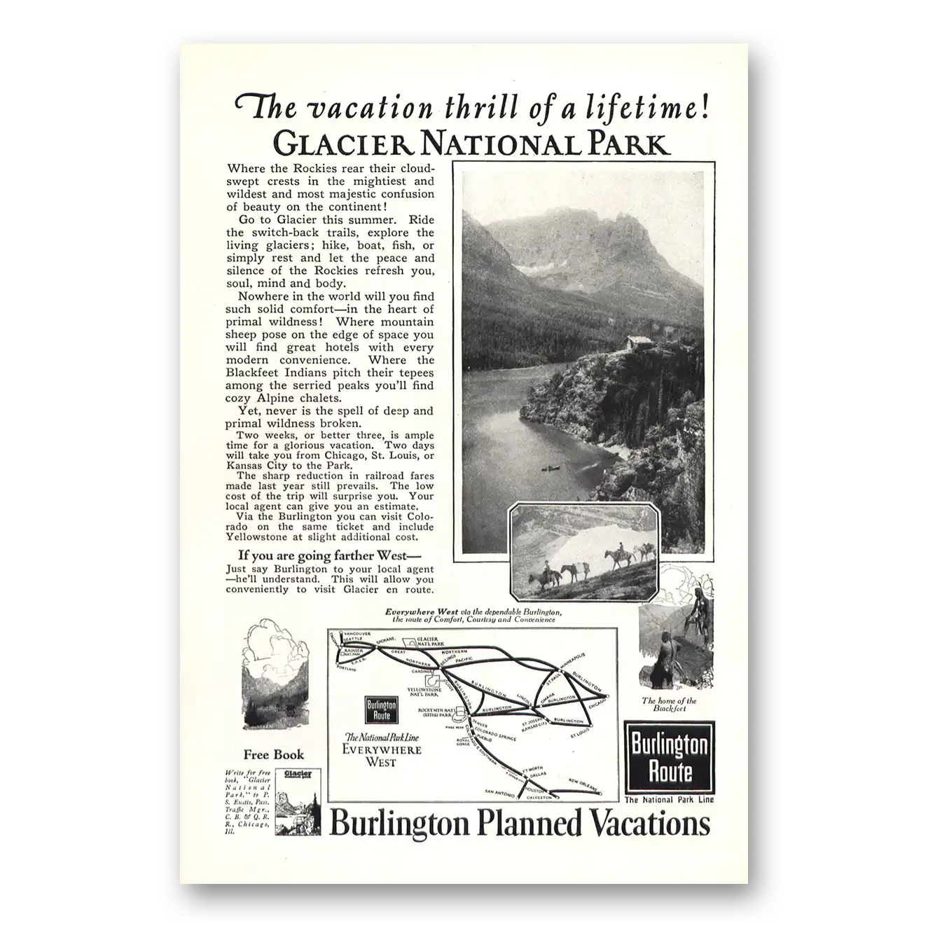 1923 Burlington Route Glacier National Park Vintage Magazine Print Ad