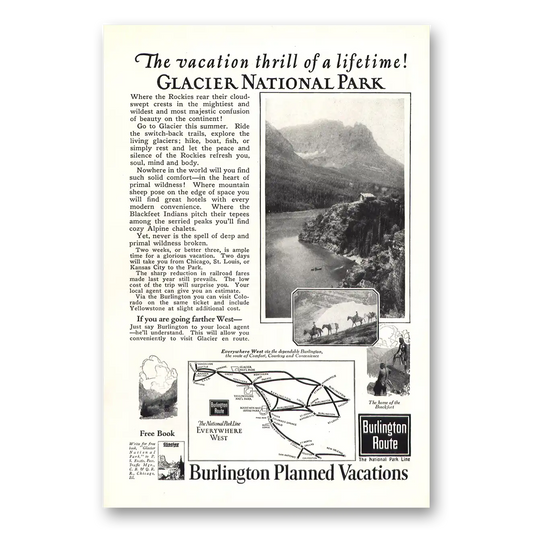 1923 Burlington Route Glacier National Park Vintage Magazine Print Ad