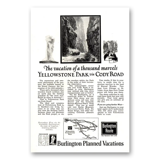 1923 Burlington Route Yellowstone Park Via Cody Road Vintage Magazine Print Ad