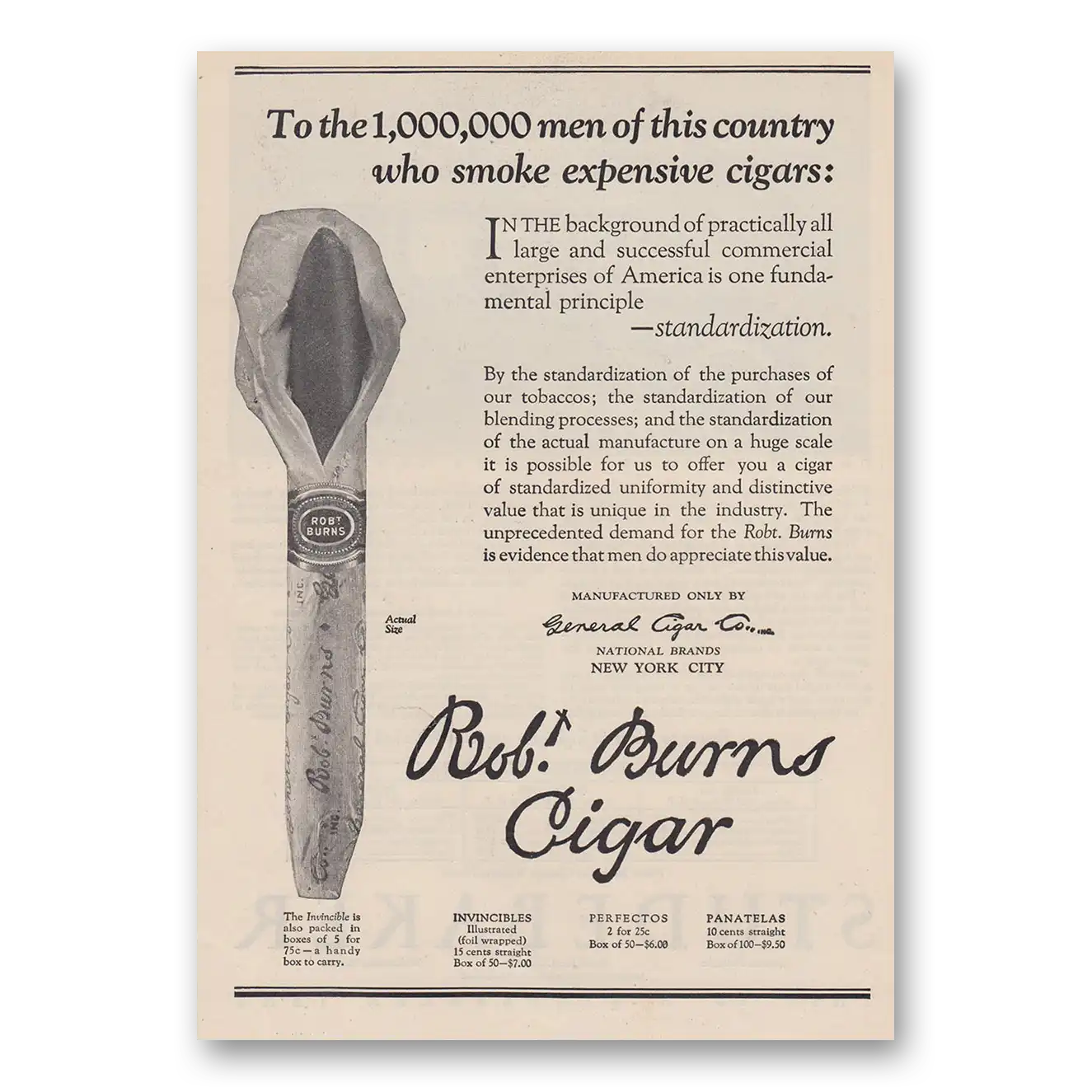 1923 Robt Burns Cigars Cigar Men of This Country Who Smoke Expensive Cigars Vintage Magazine Print Ad