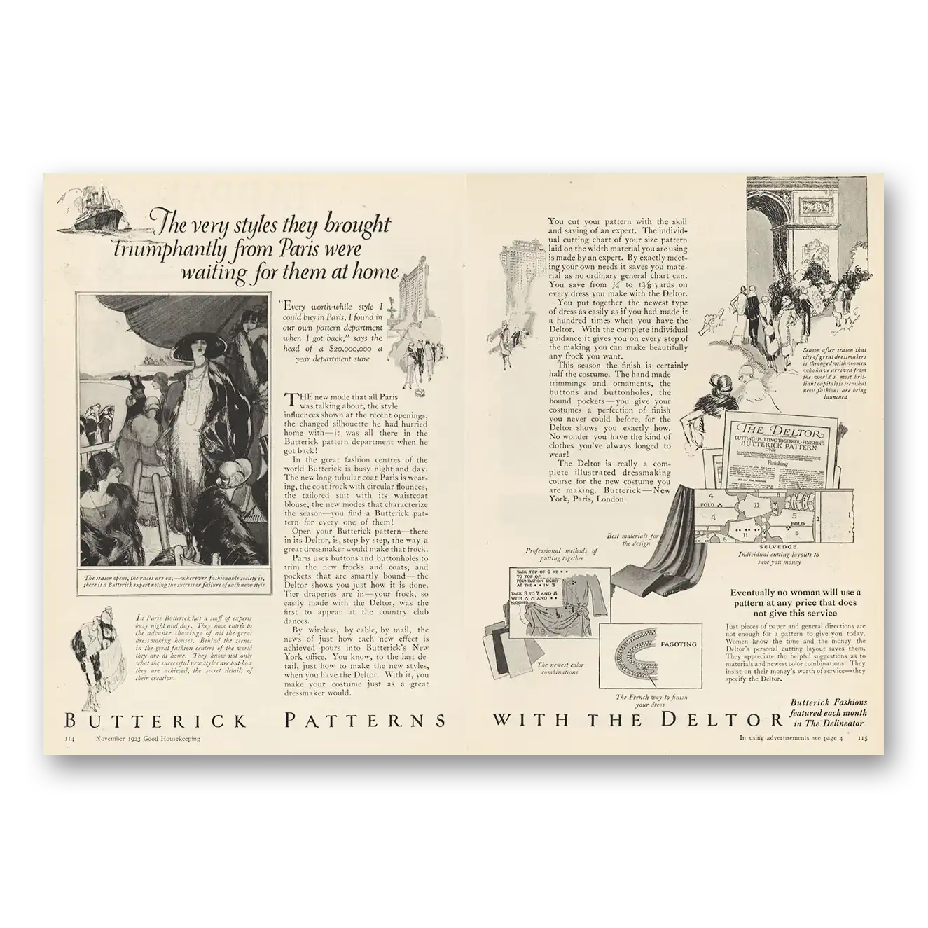 1923 Butterick Patterns Deltor Very Styles Brought Triumphantly From Paris Vintage Magazine Print Ad