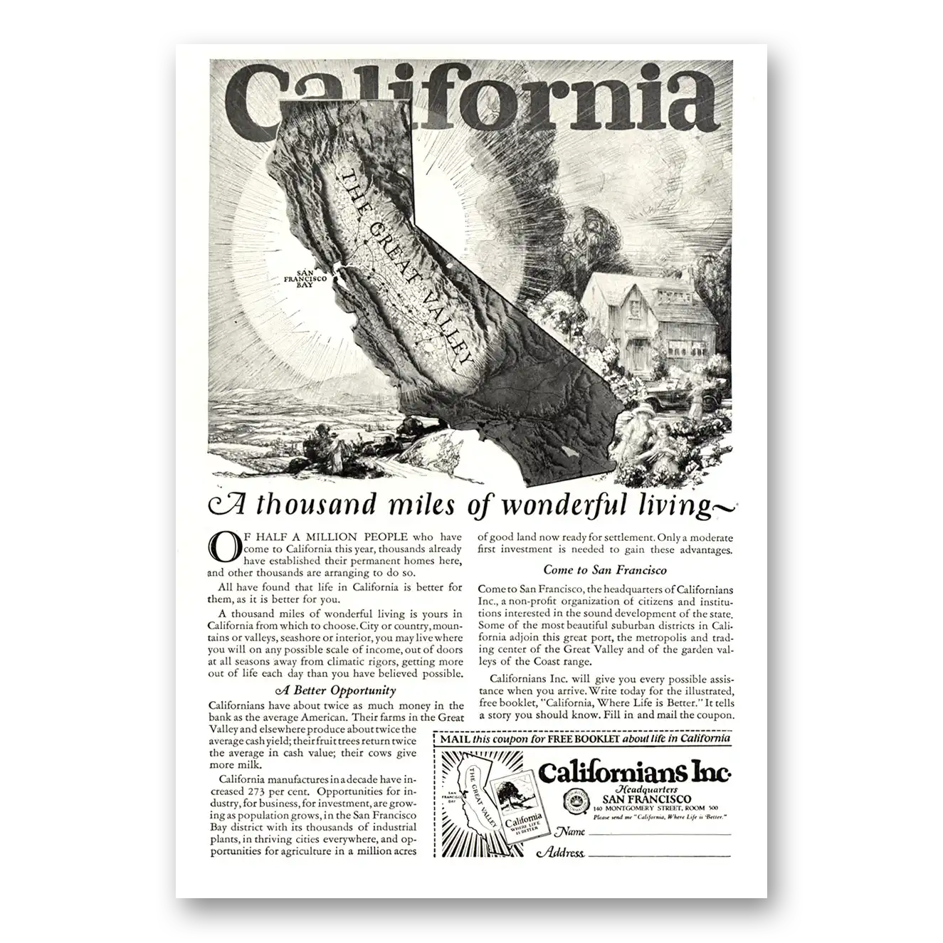 1923 California Thousand Miles of Wonderful Living Vintage Magazine Print Ad