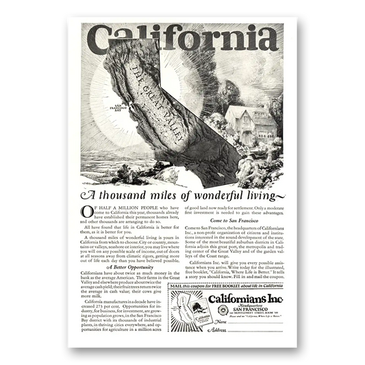 1923 California Thousand Miles of Wonderful Living Vintage Magazine Print Ad