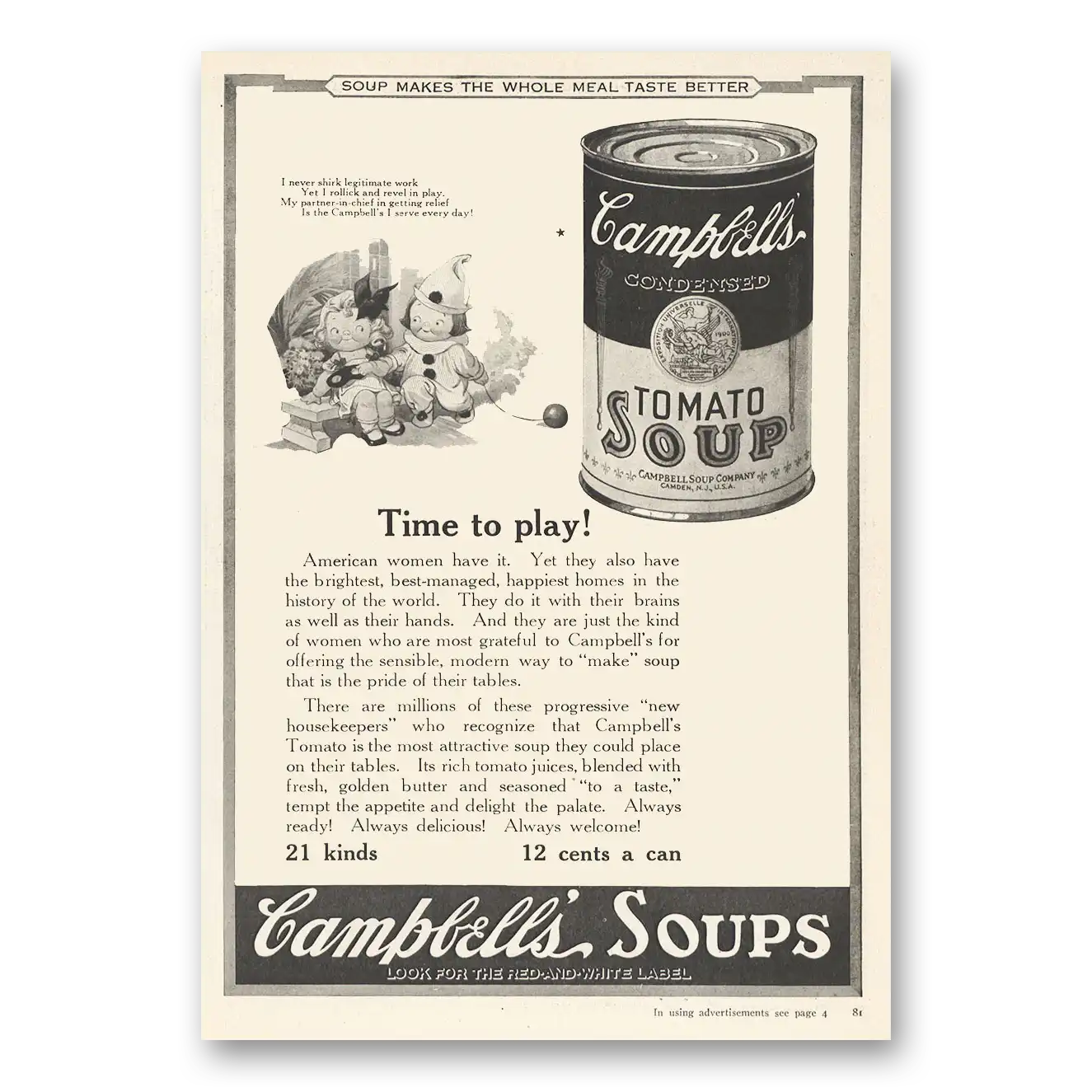 1923 Campbells Tomato Soup Time to Play Vintage Magazine Print Ad