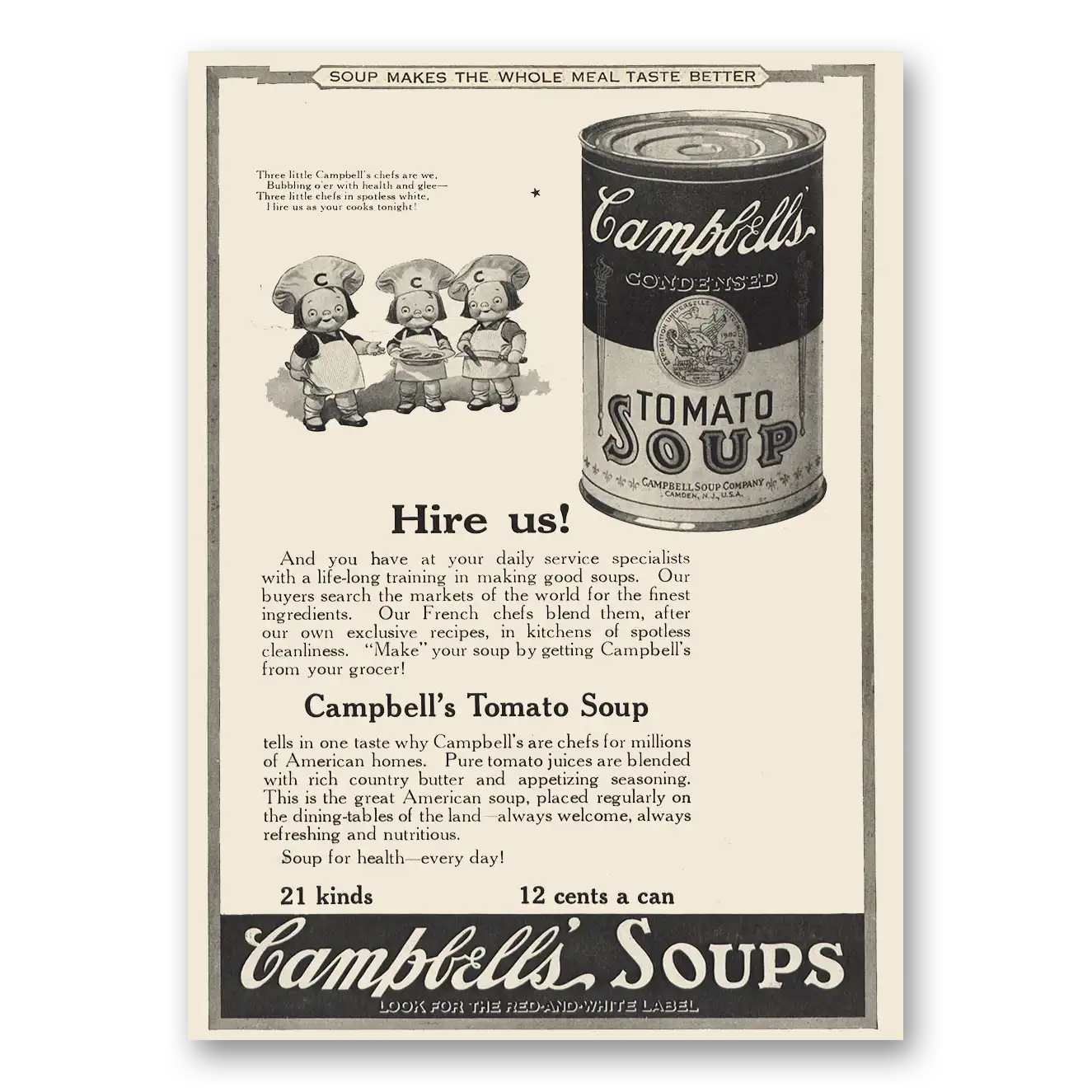 1923 Campbells Tomato Soup Hire Us Vintage Magazine Print Ad