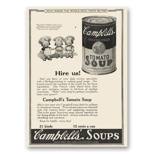 1923 Campbells Tomato Soup Hire Us Vintage Magazine Print Ad