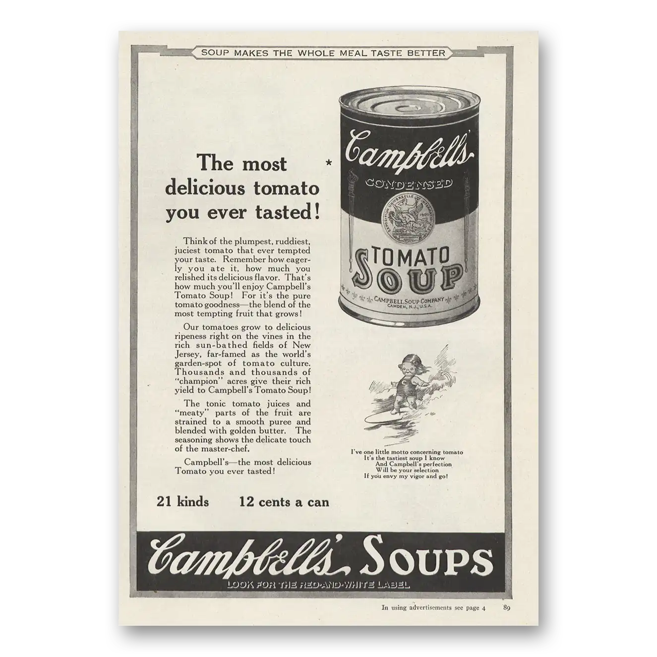 1923 Campbells Tomato Soup Most Delicious Tomato You Ever Tasted Vintage Magazine Print Ad