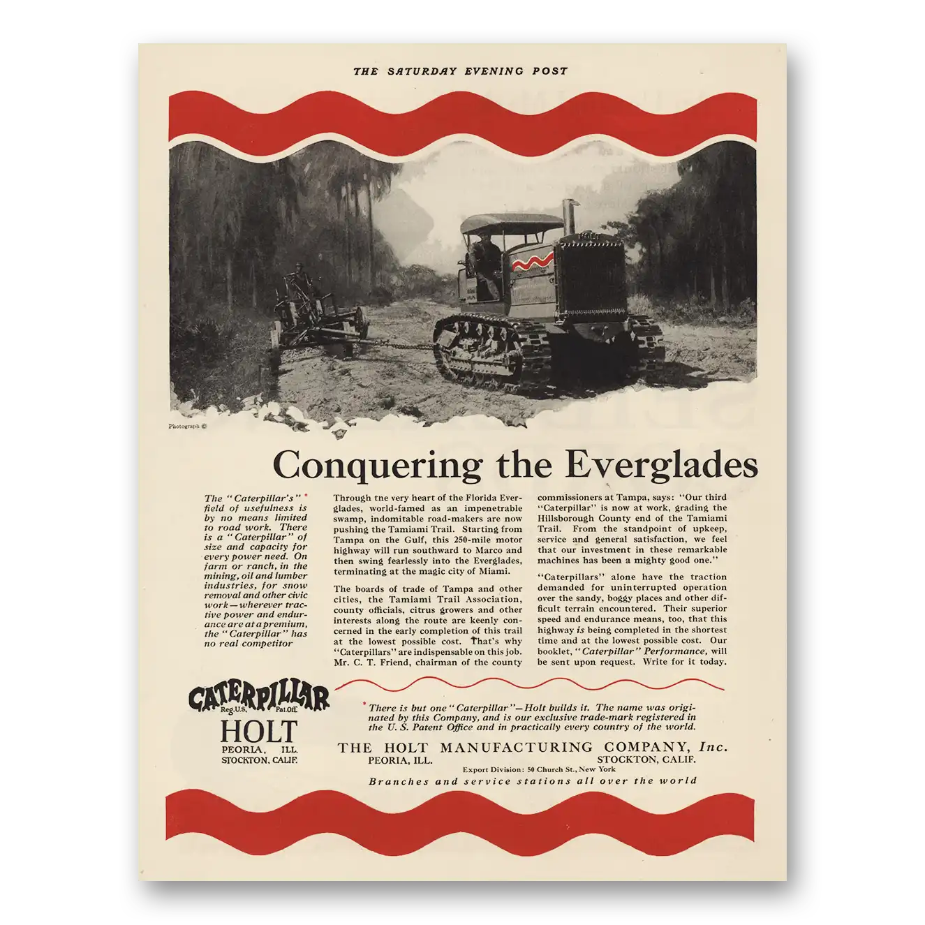 1923 Caterpillar Conquering the Everglades Vintage Magazine Print Ad