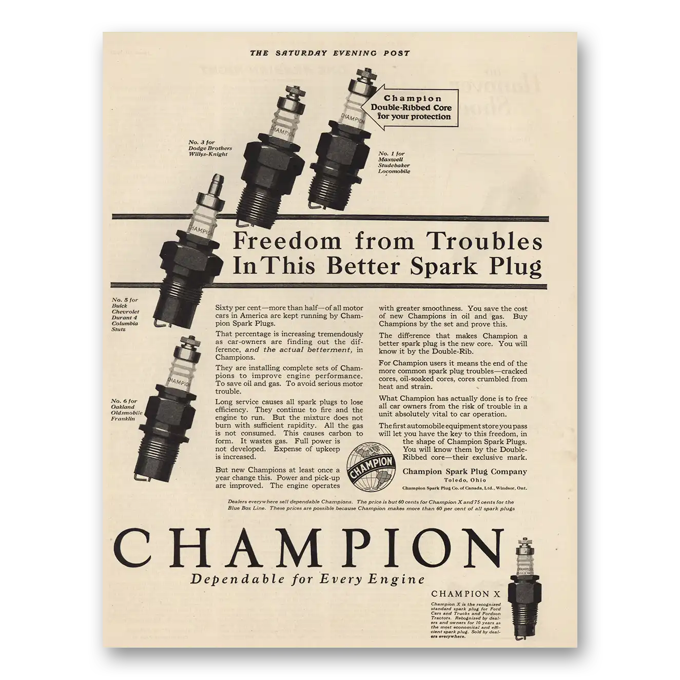 1923 Champion Spark Plugs Freedom From Troubles Vintage Magazine Print Ad