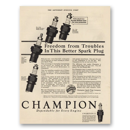 1923 Champion Spark Plugs Freedom From Troubles Vintage Magazine Print Ad