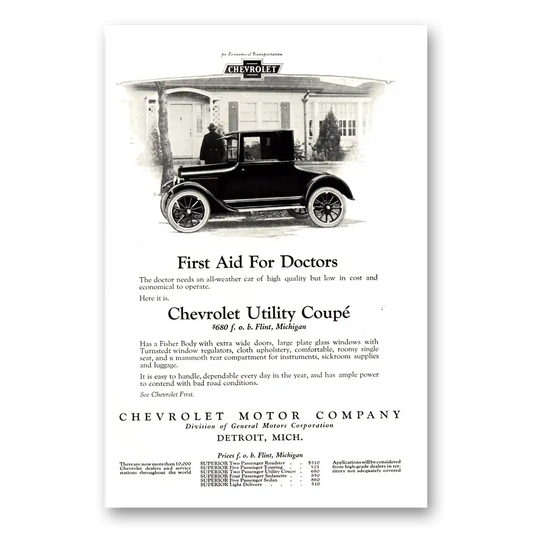 1923 Chevrolet Utility Coupe First Aid for Doctors Vintage Magazine Print Ad