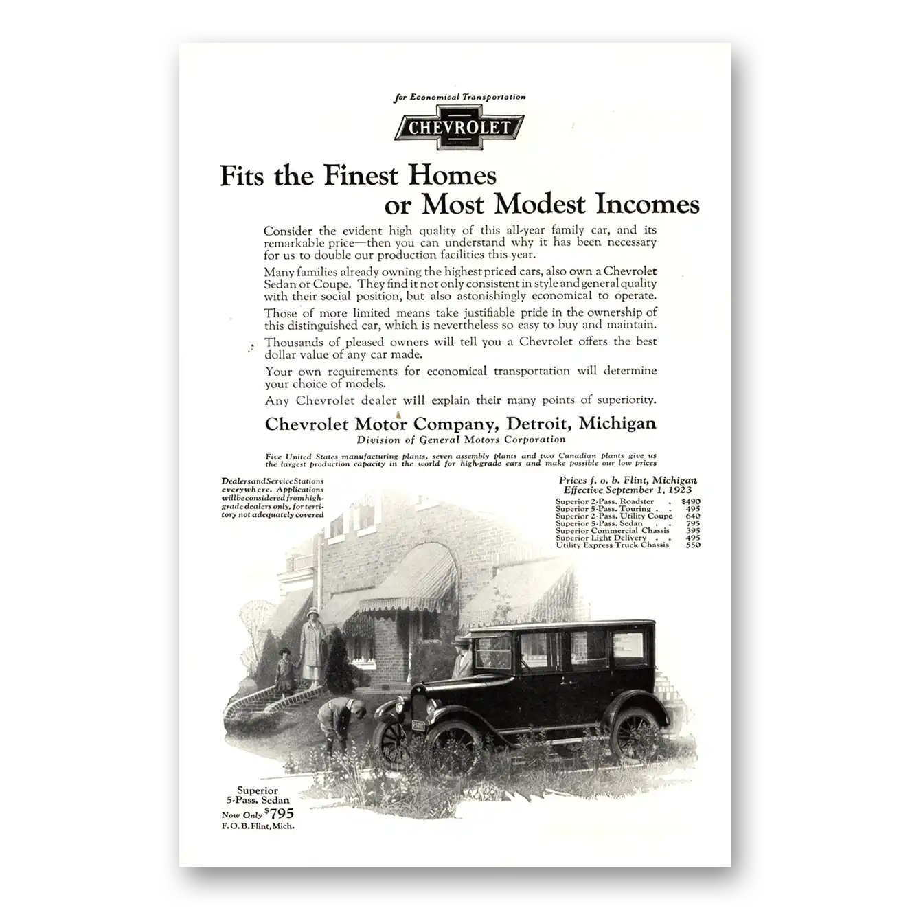 1923 Chevrolet Sedan Fits the Finest Homes Most Modest Incomes Vintage Magazine Print Ad