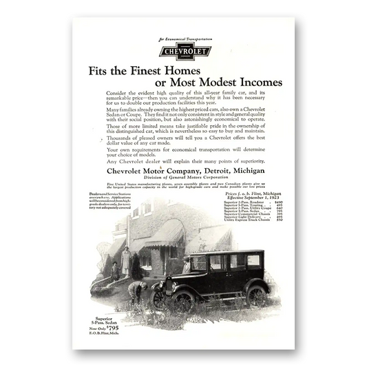 1923 Chevrolet Sedan Fits the Finest Homes Most Modest Incomes Vintage Magazine Print Ad