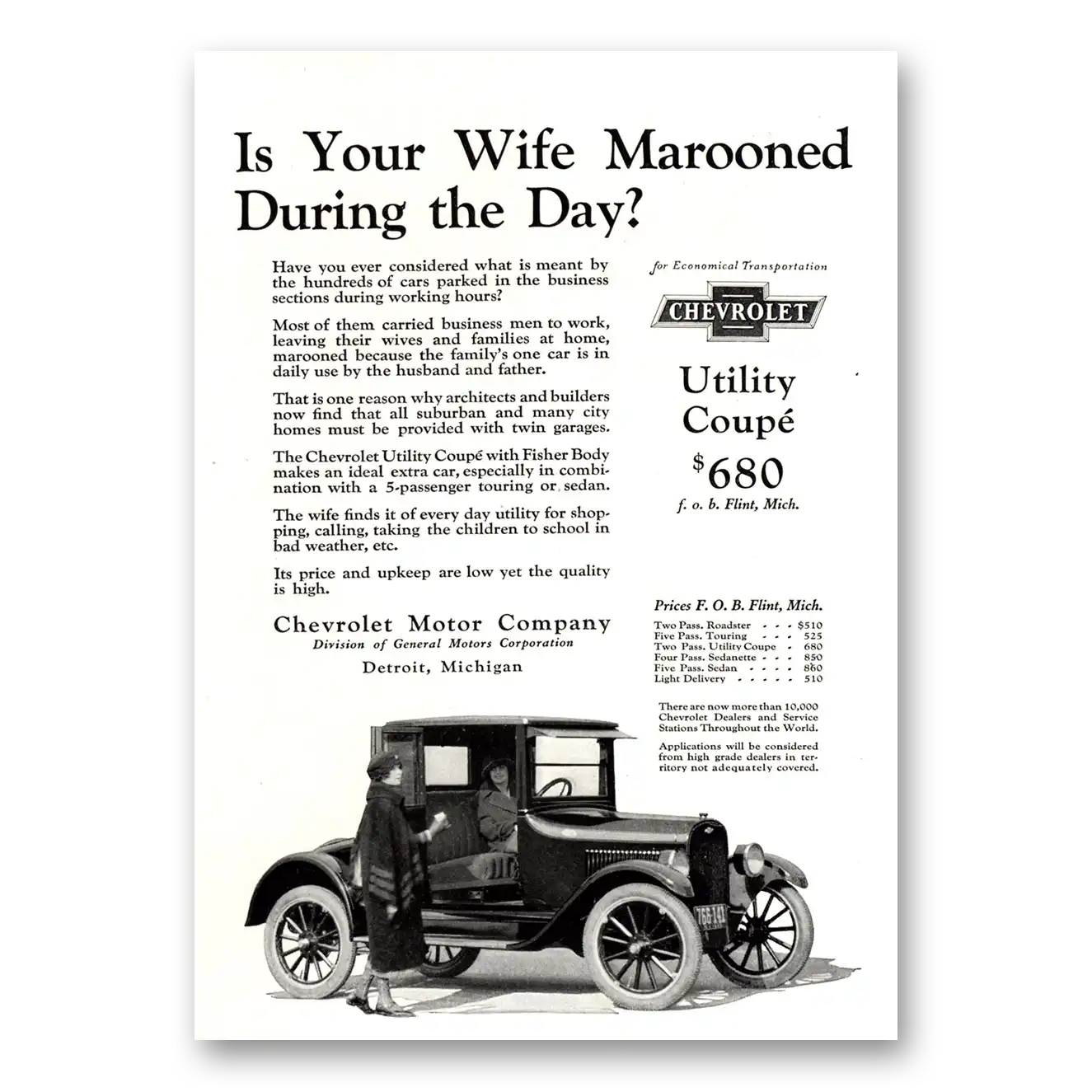 1923 Chevrolet Utility Coupe Your Wife Marooned During the Day Vintage Magazine Print Ad