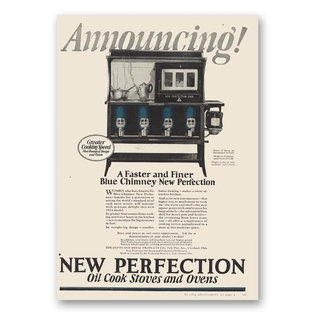 1923 New Perfection Oil Cook Stoves Faster Finer Blue Chimney Vintage Magazine Print Ad