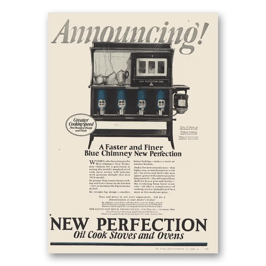 1923 New Perfection Oil Cook Stoves Faster Finer Blue Chimney Vintage Magazine Print Ad