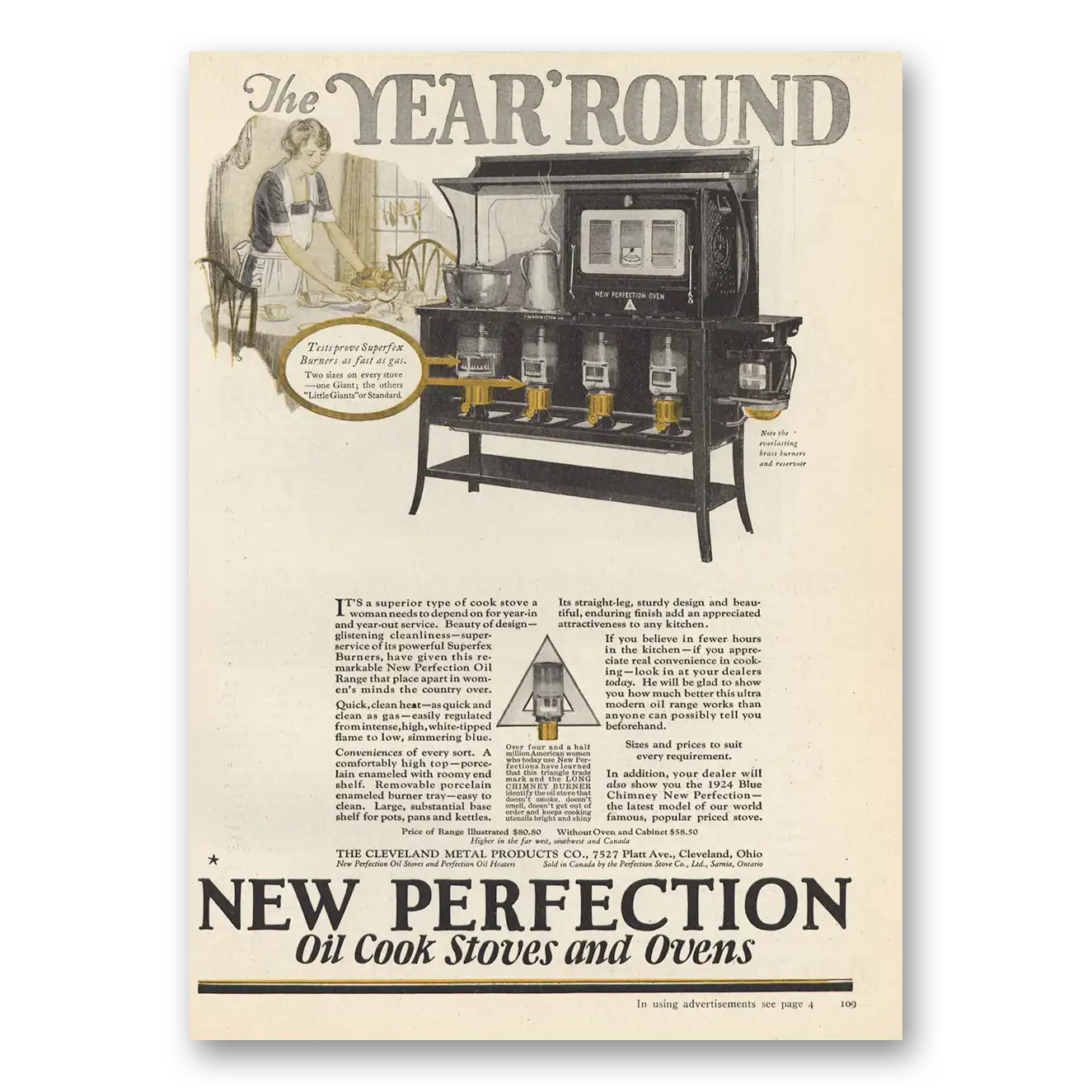 1923 New Perfection Oil Cook Stoves Year Round Superfex Burners Vintage Magazine Print Ad