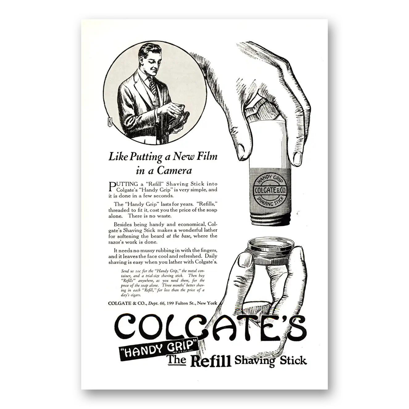 1923 Colgate Shaving Stick Like Putting a New Film Camera Vintage Magazine Print Ad