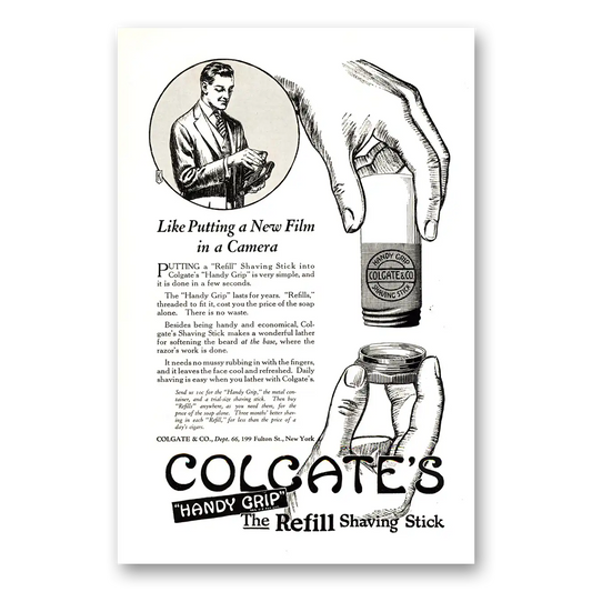 1923 Colgate Shaving Stick Like Putting a New Film Camera Vintage Magazine Print Ad