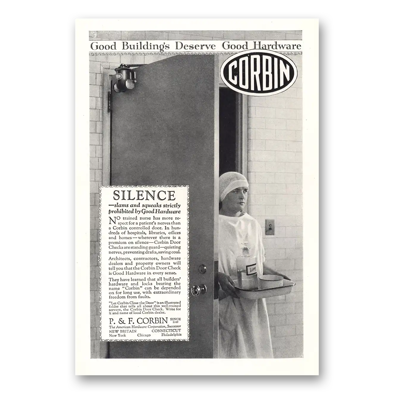 1923 P & F Corbin Silence Slams and Squeaks Vintage Magazine Print Ad